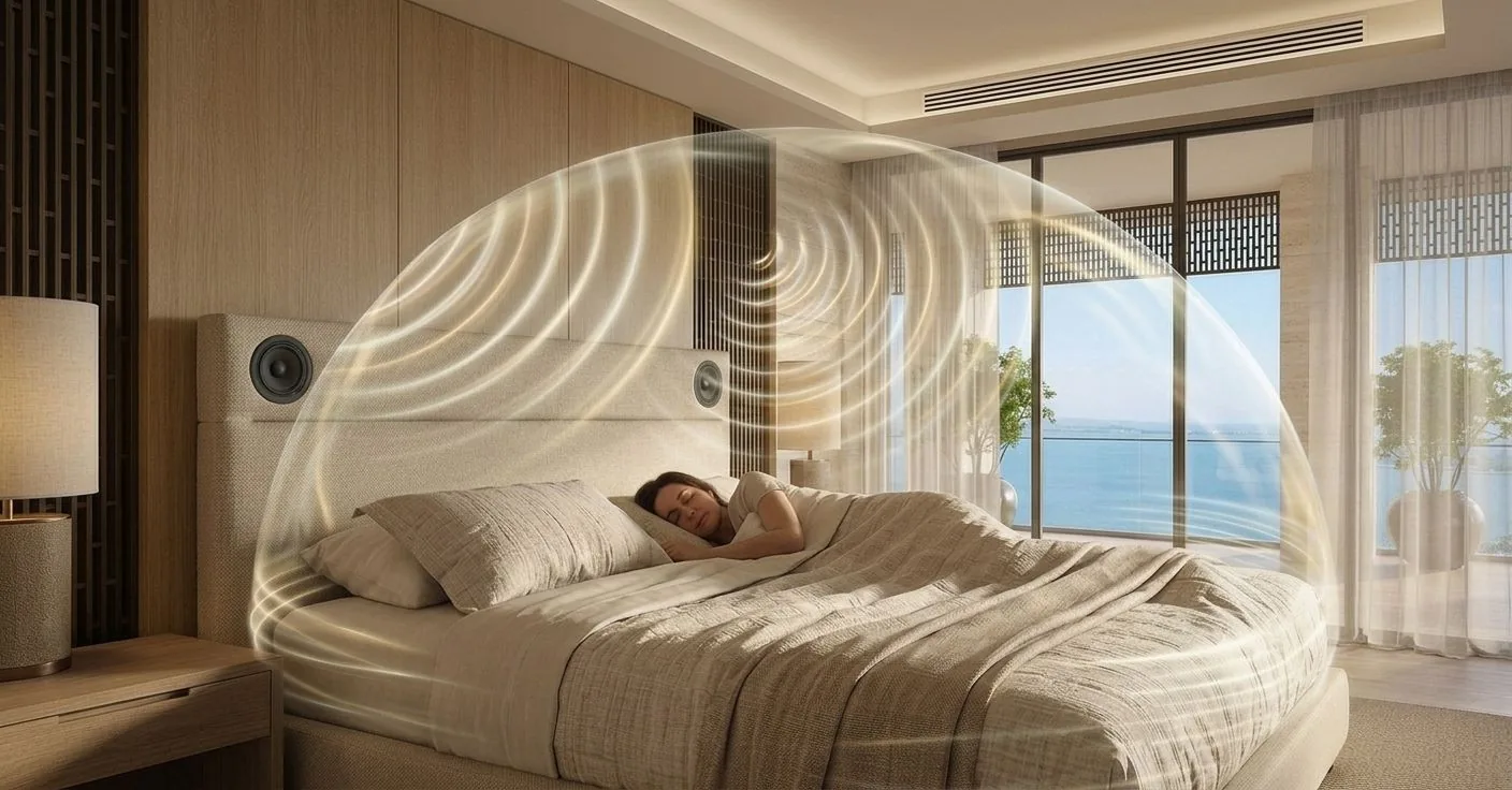Hotel bedroom with speakers in the headboard and a dome of sound over the bed