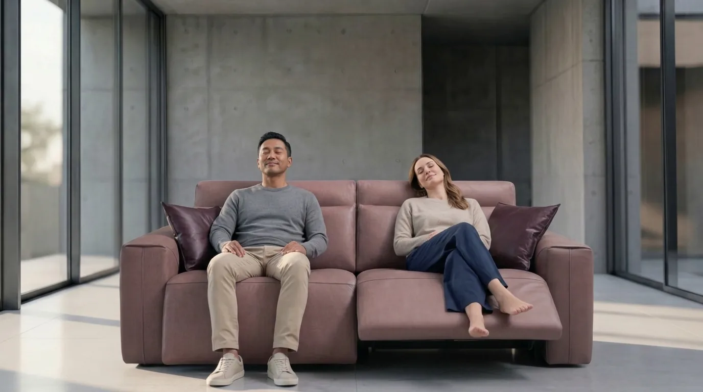 Two people relaxing with their eyes closed on a reclining sofa in a bare concrete room, with no speakers or cables in sight